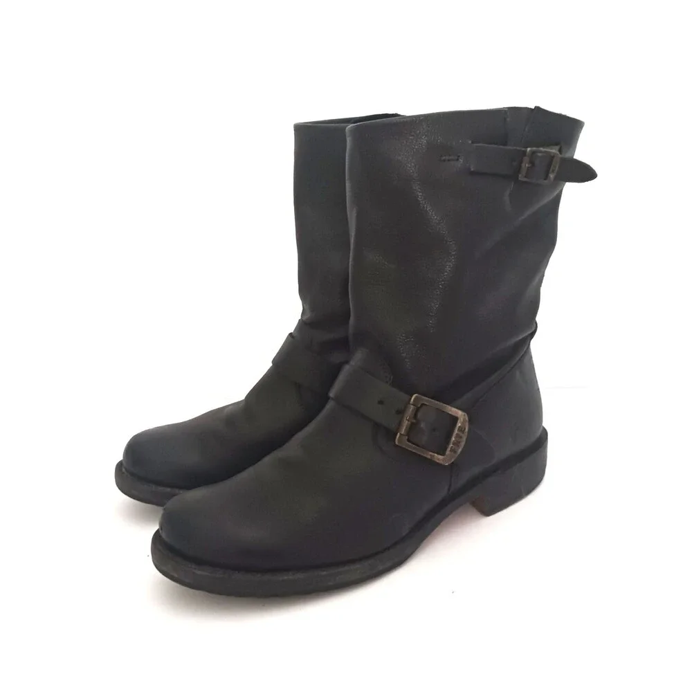 FRYE Veronica Short Blk Leather Harness Engineer Biker Boot 8.5 Made Mexico
